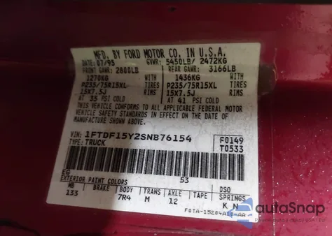 1995 Ford F150 z USA, uszkodzony, nr VIN 1FTDF15Y2SNB76154